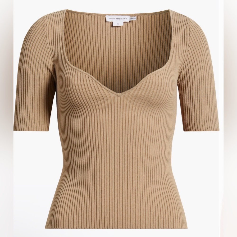 NWT Good American Virgo Short Sleeve Sexy Low Cut Ribbed Knit Top Mineral 2X